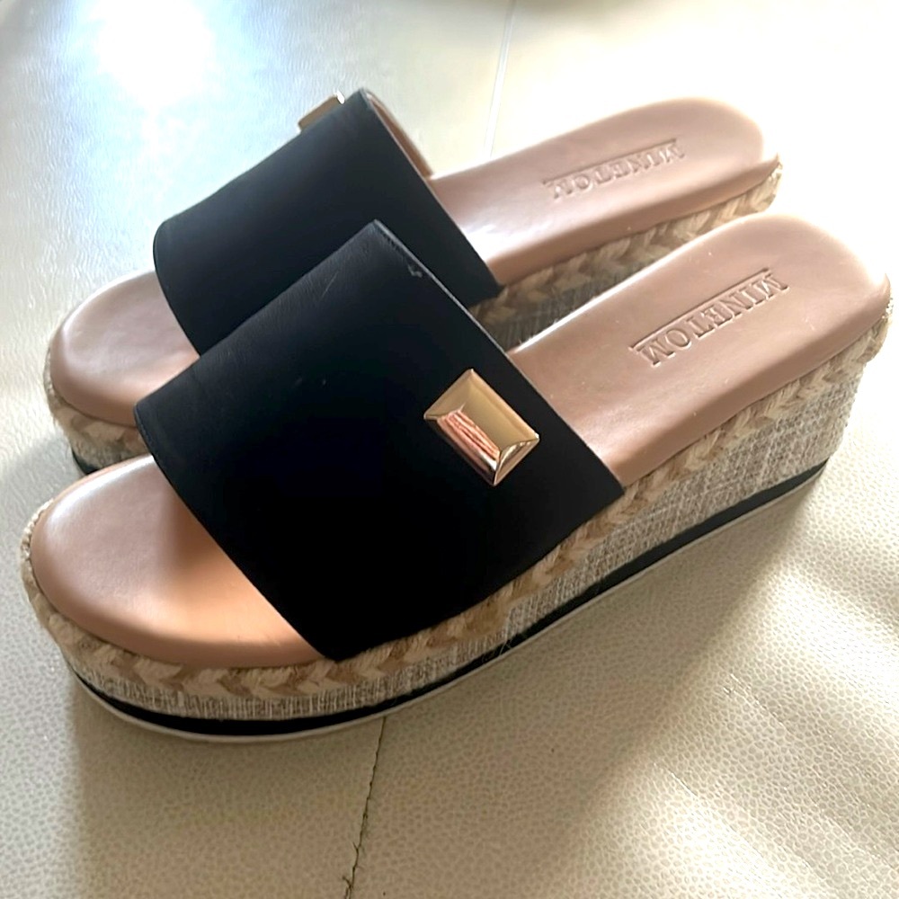 Platform Roman Open Toe Wedge Slides Sandals 7/8 Black Espadrilles Mules Casual